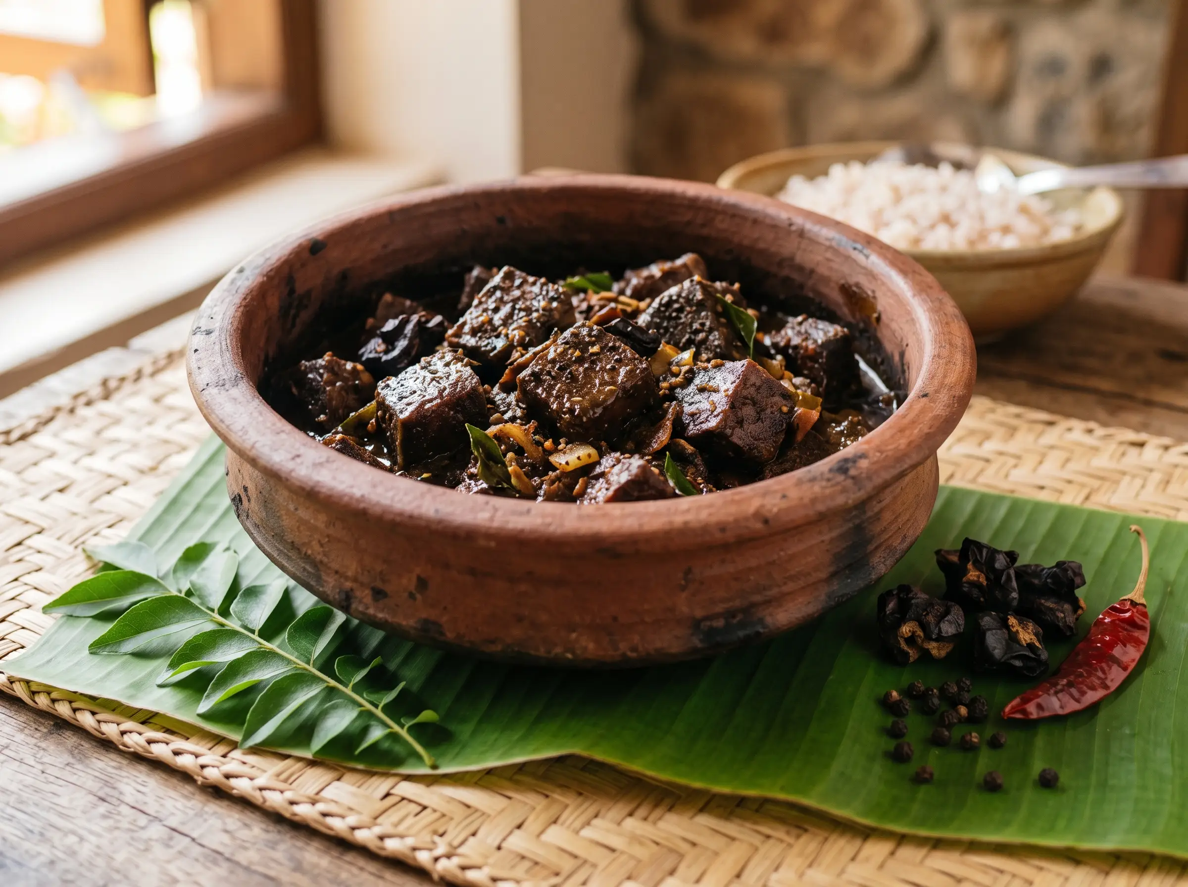 Glossy dark Ambul Thiyal sour fish curry in a terracotta clay pot beside goraka and curry leaves