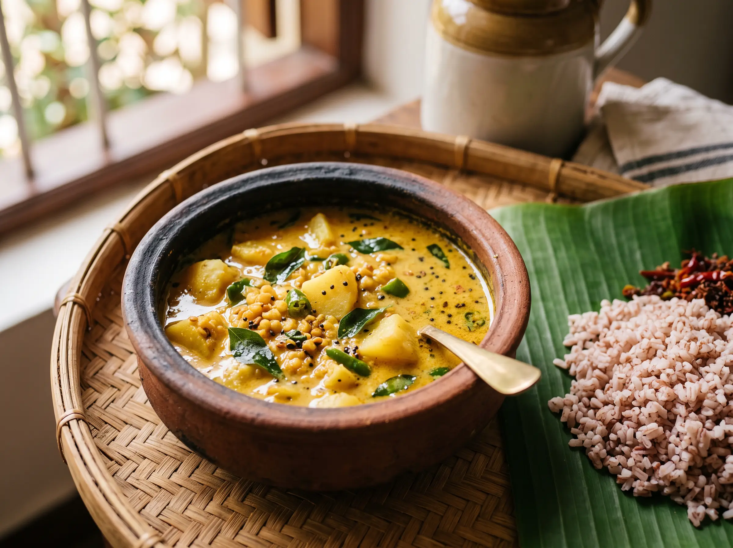 Golden coconut milk curry in a small clay pot beside red rice on banana leaf