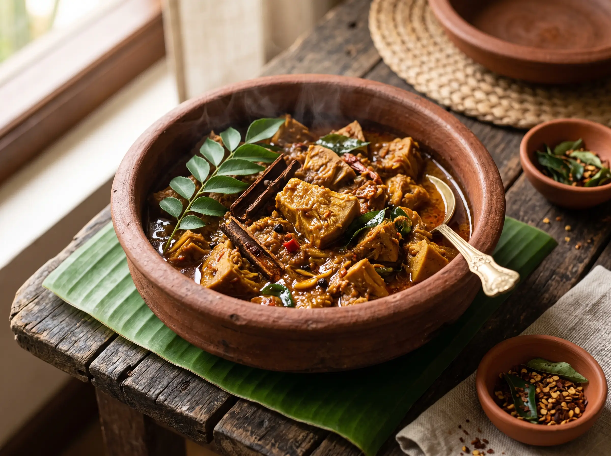 Young jackfruit Polos curry in a rustic clay pot with cinnamon bark and curry leaves