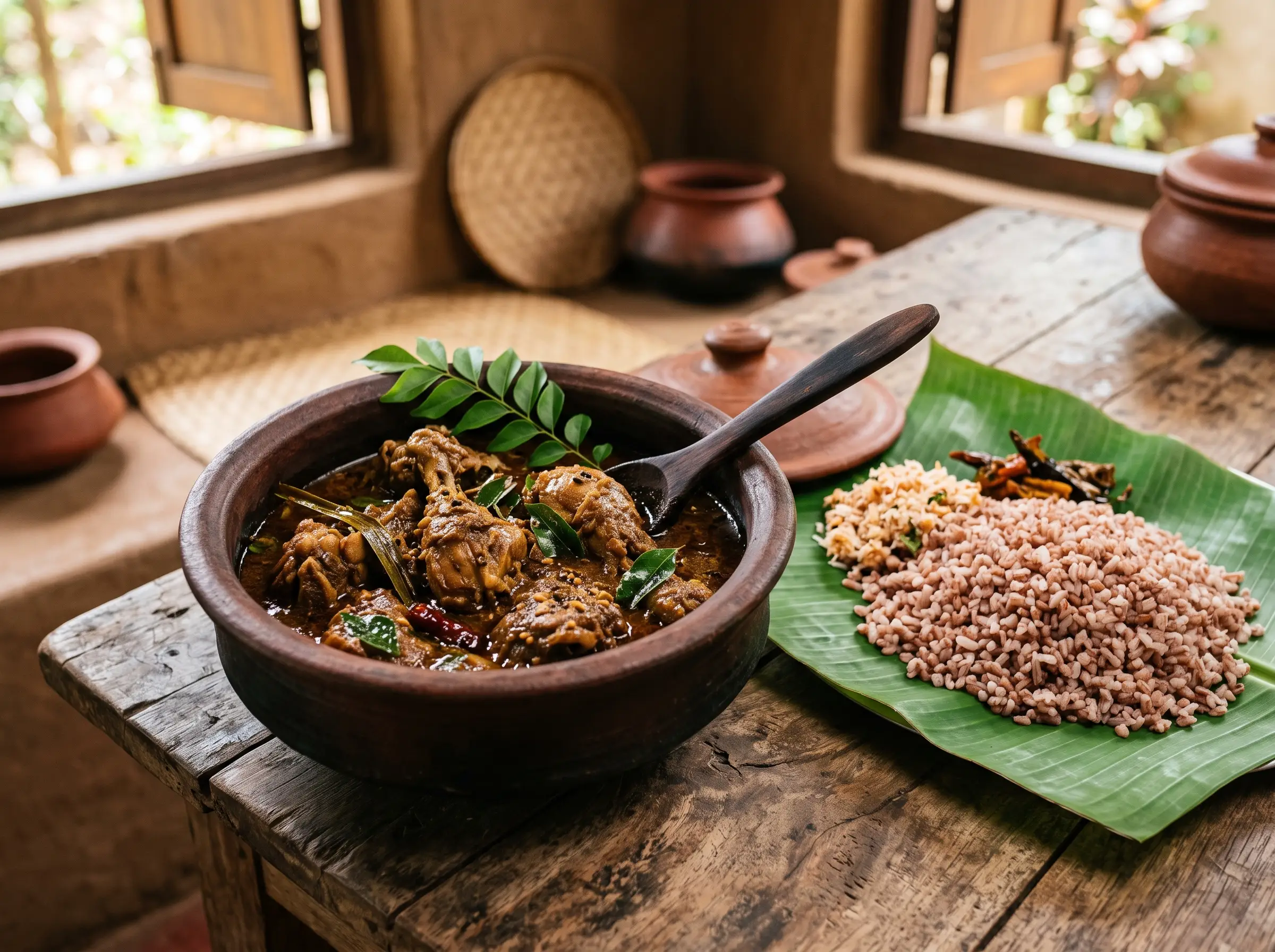 Bone-in village chicken curry in a clay pot beside red rice on banana leaf