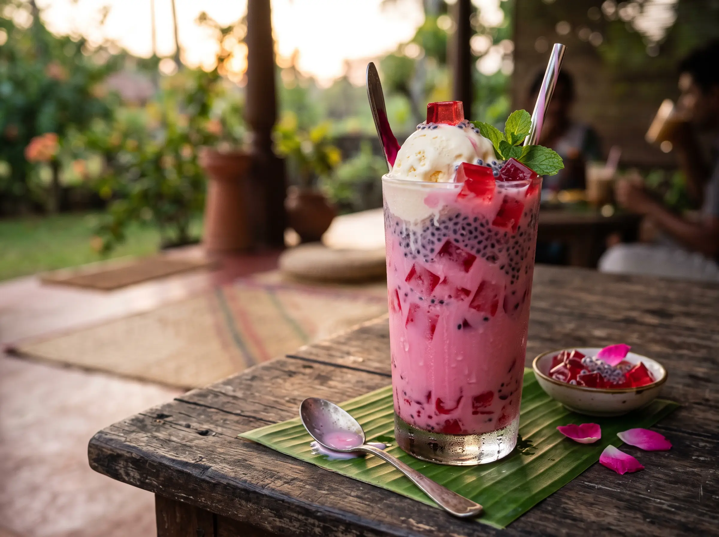 A tall glass of pink rose faluda topped with vanilla ice cream
