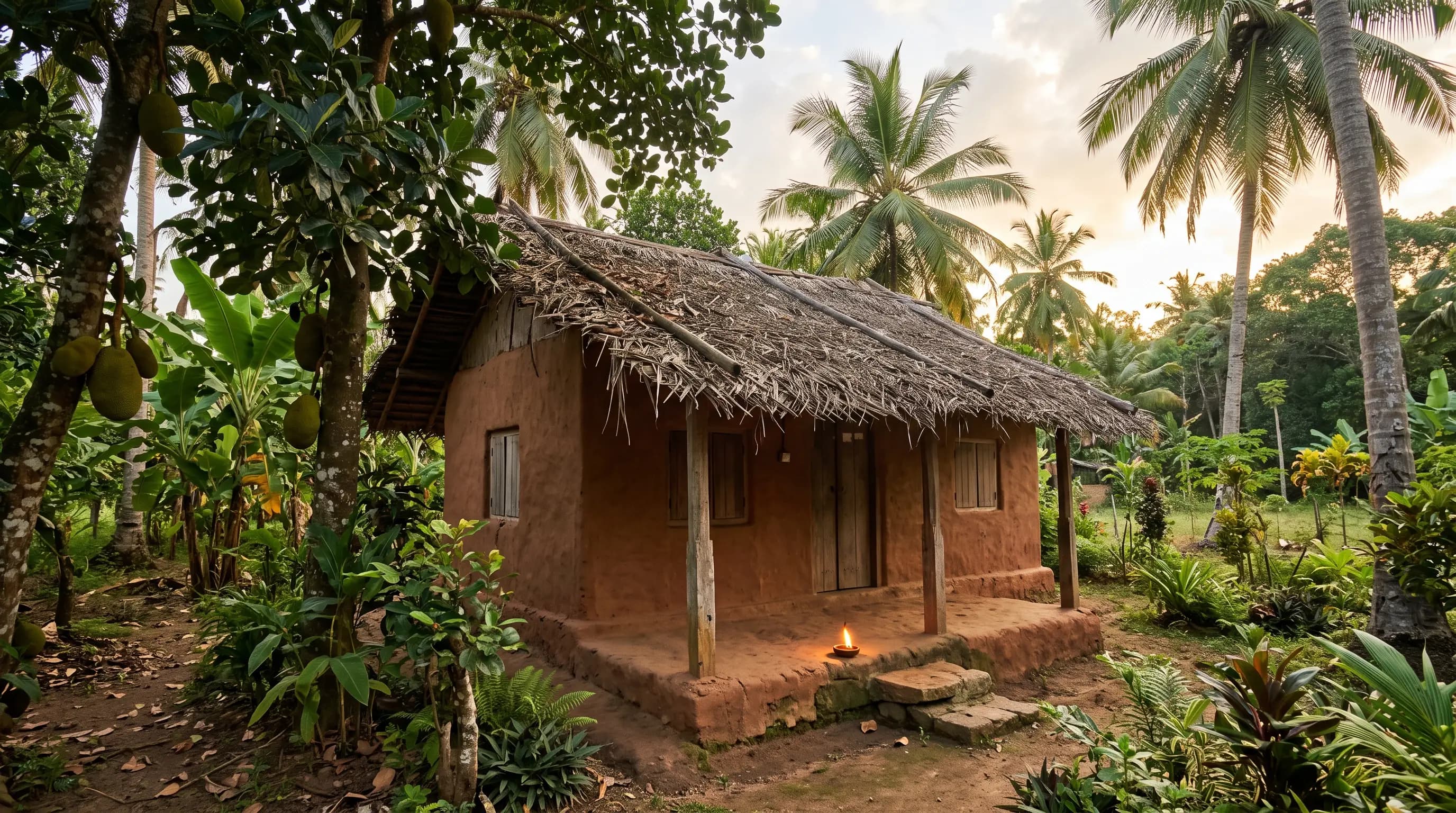 A mud-walled village house with a thatched roof and a lit oil lamp
