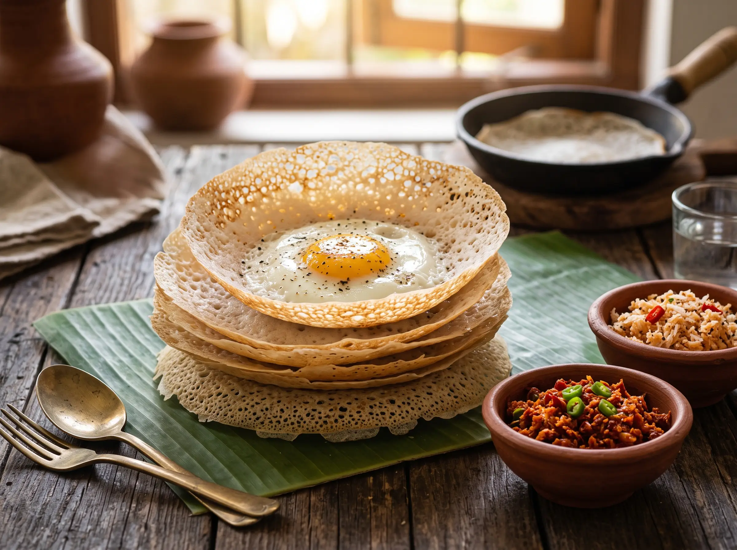 A stack of crisp bowl-shaped hoppers topped with an egg hopper and bowls of sambol