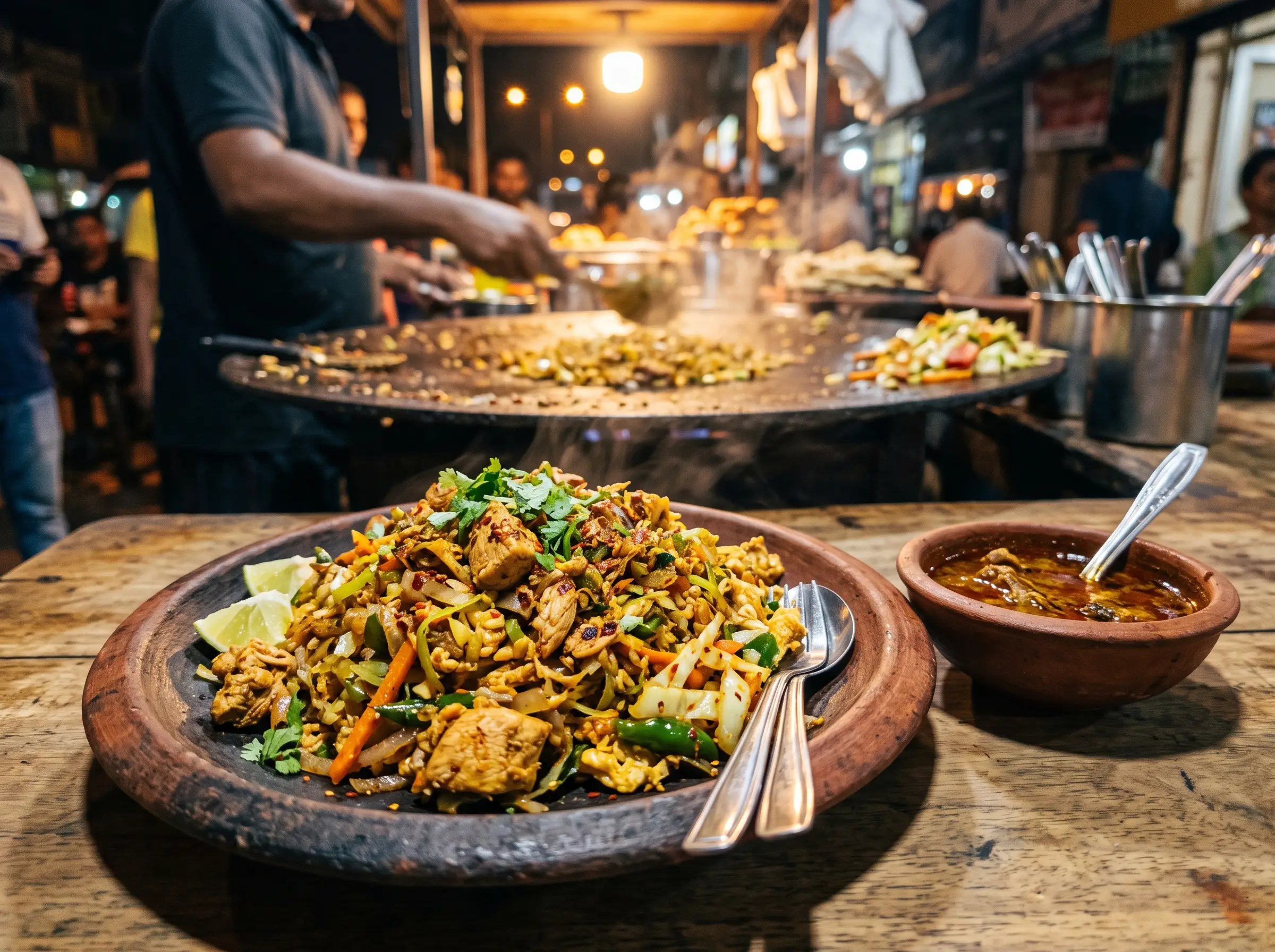 Chicken kottu roti piled high on a terracotta plate with a side of curry gravy