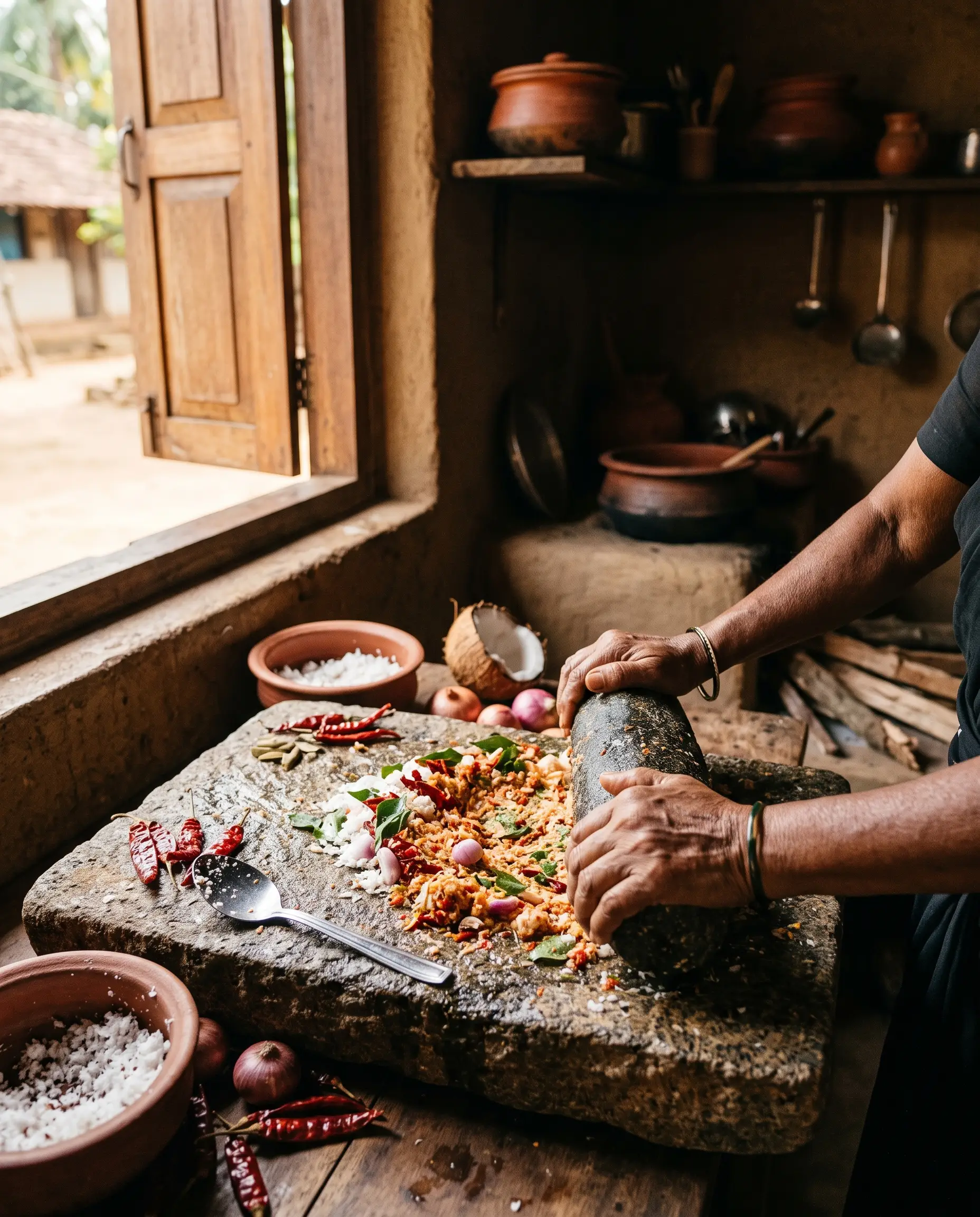 Hands grinding coconut sambol on a granite grinding stone